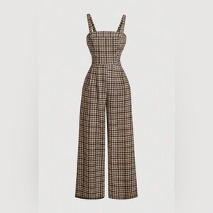 NEW Sleeveless Plaid Jumpsuit with Suspenders Cinched Waist Retro Style Wide Leg